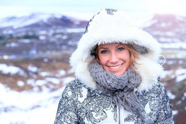 Woman wearing merino wool clothes in Iceland