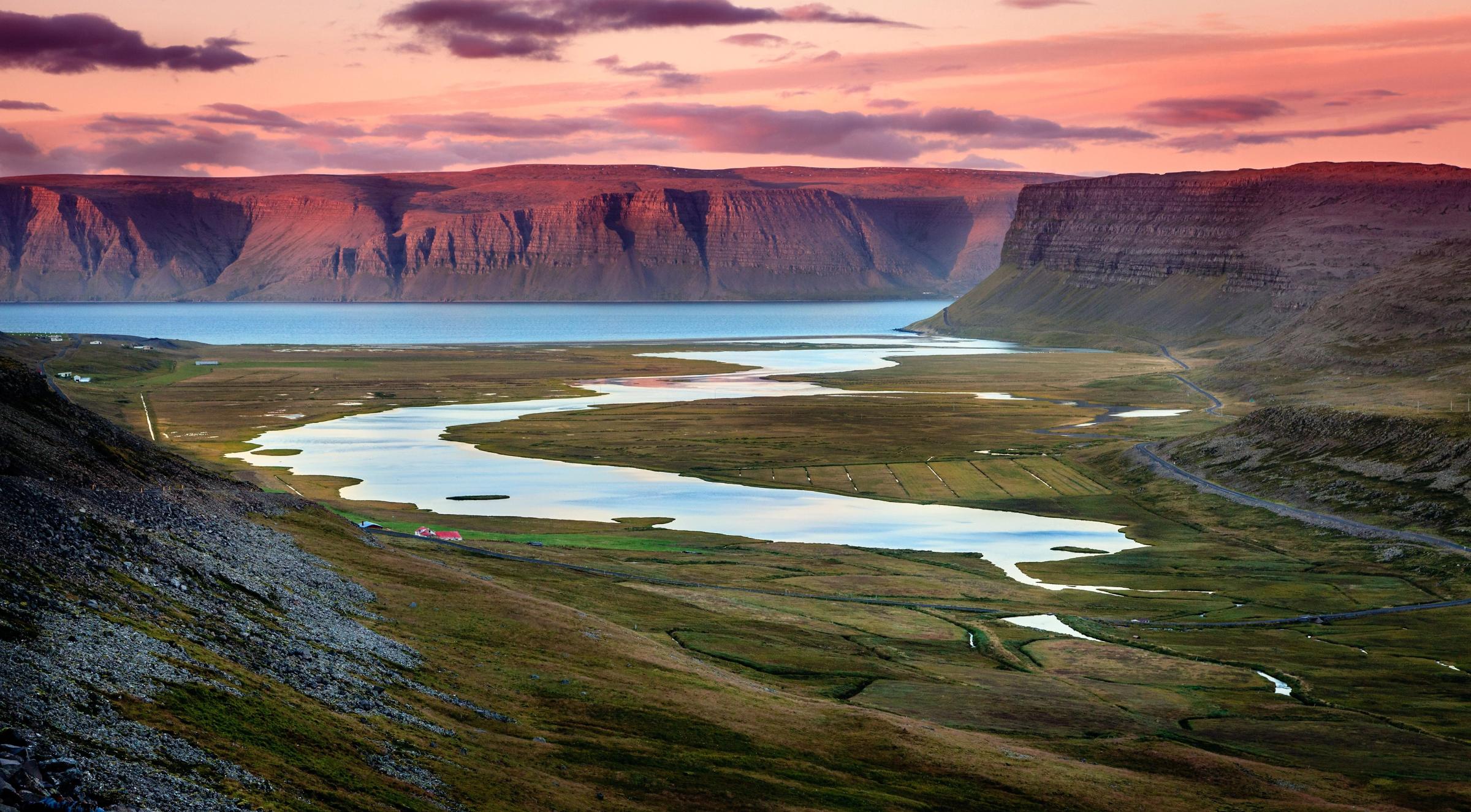 magnificent views of Westfjords area ground with  mountains in the distance, near krossneslaug pool