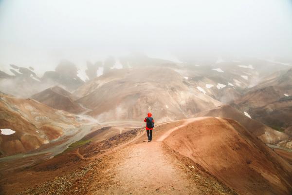 a person with a red jacket walking over brown hills