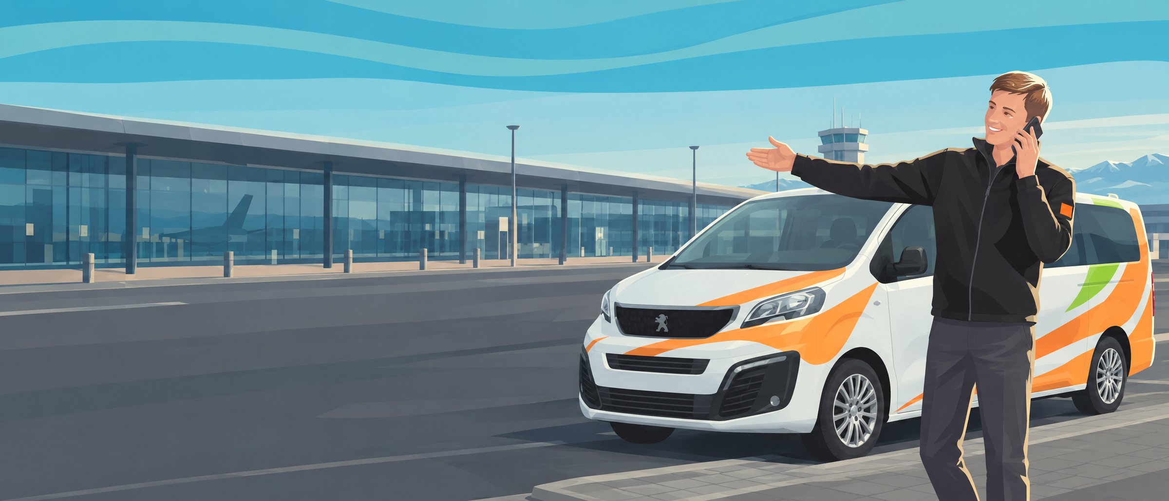 Airport transfer driver talking on phone and gesturing next to a shuttle van at a terminal.