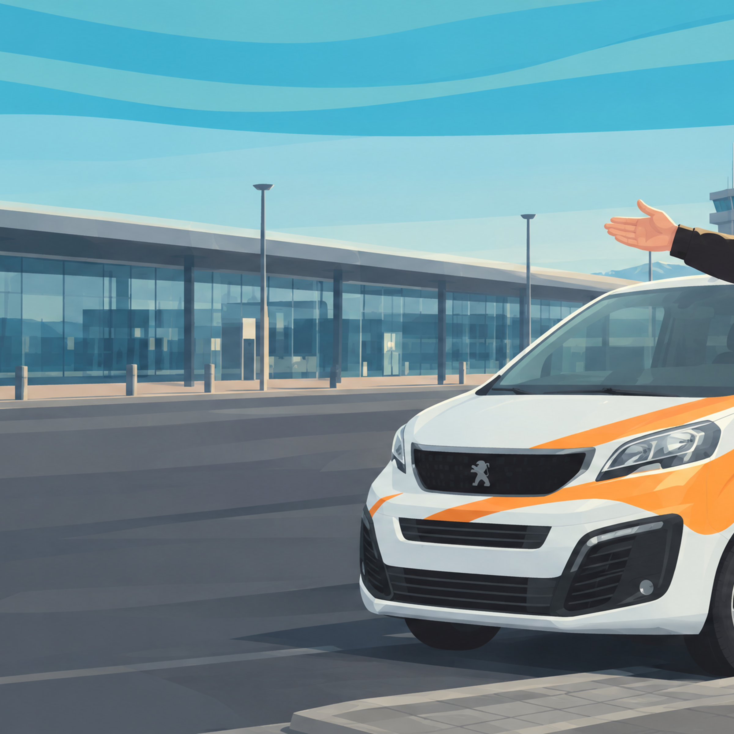 Airport transfer driver talking on phone and gesturing next to a shuttle van at a terminal.