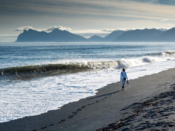 Person walking on a black sand beach with waves and mountains in the background.