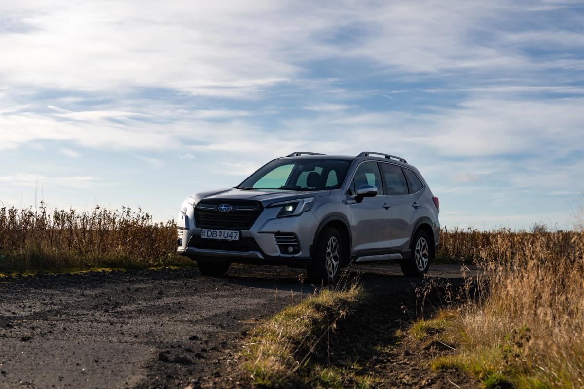 Silver Subaru Forester with roof rails on a gravel road lined with tall grass