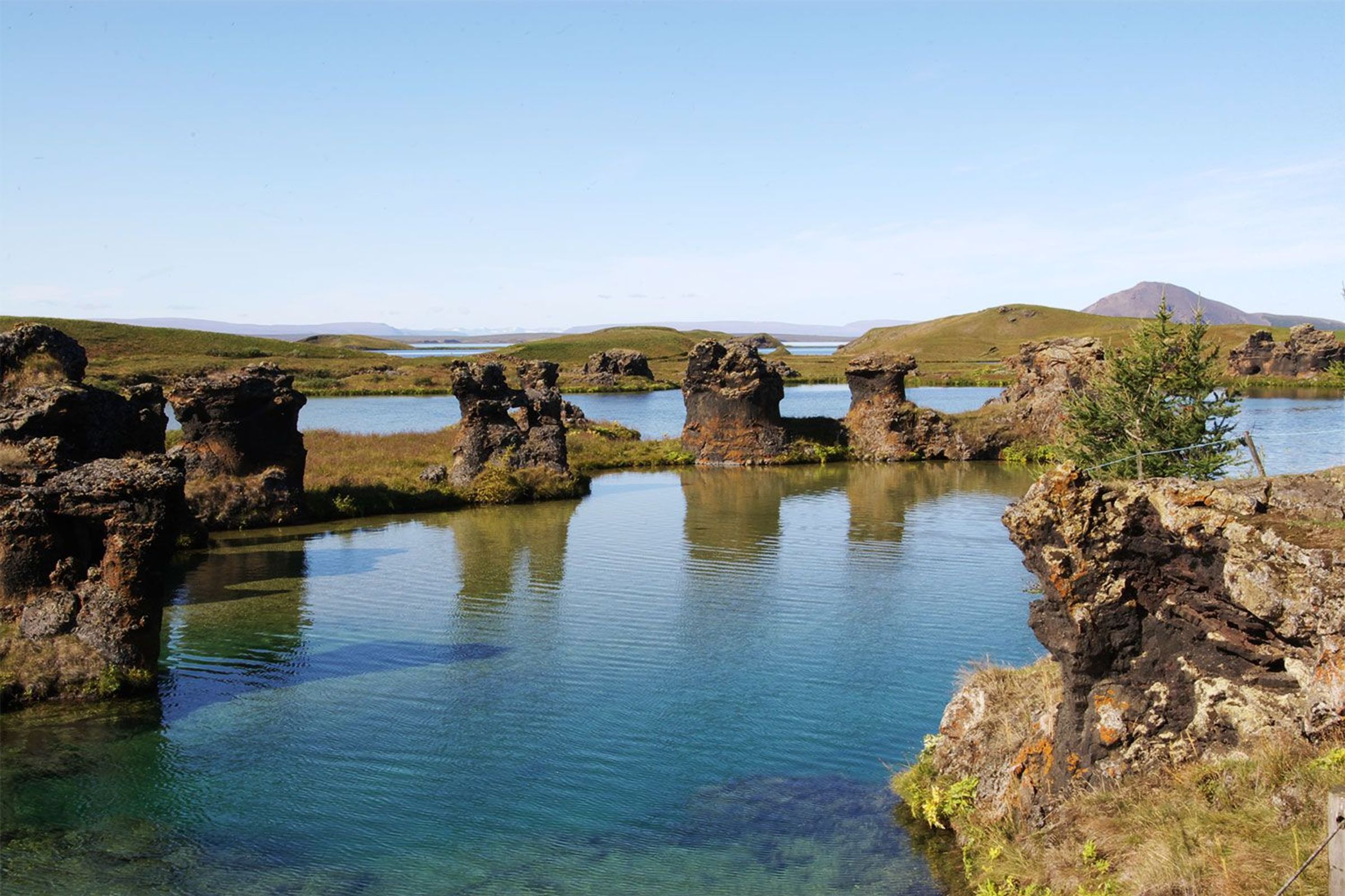 Myvatn Lake a small lake surrounded by rocks and grass with mountains in the background .