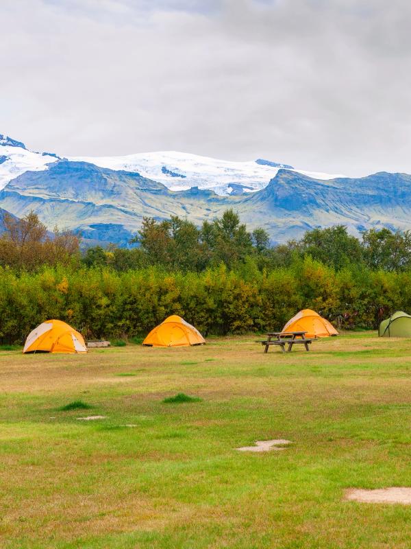 un grupo de tiendas de campaña se encuentra en un campo herboso con montañas al fondo.