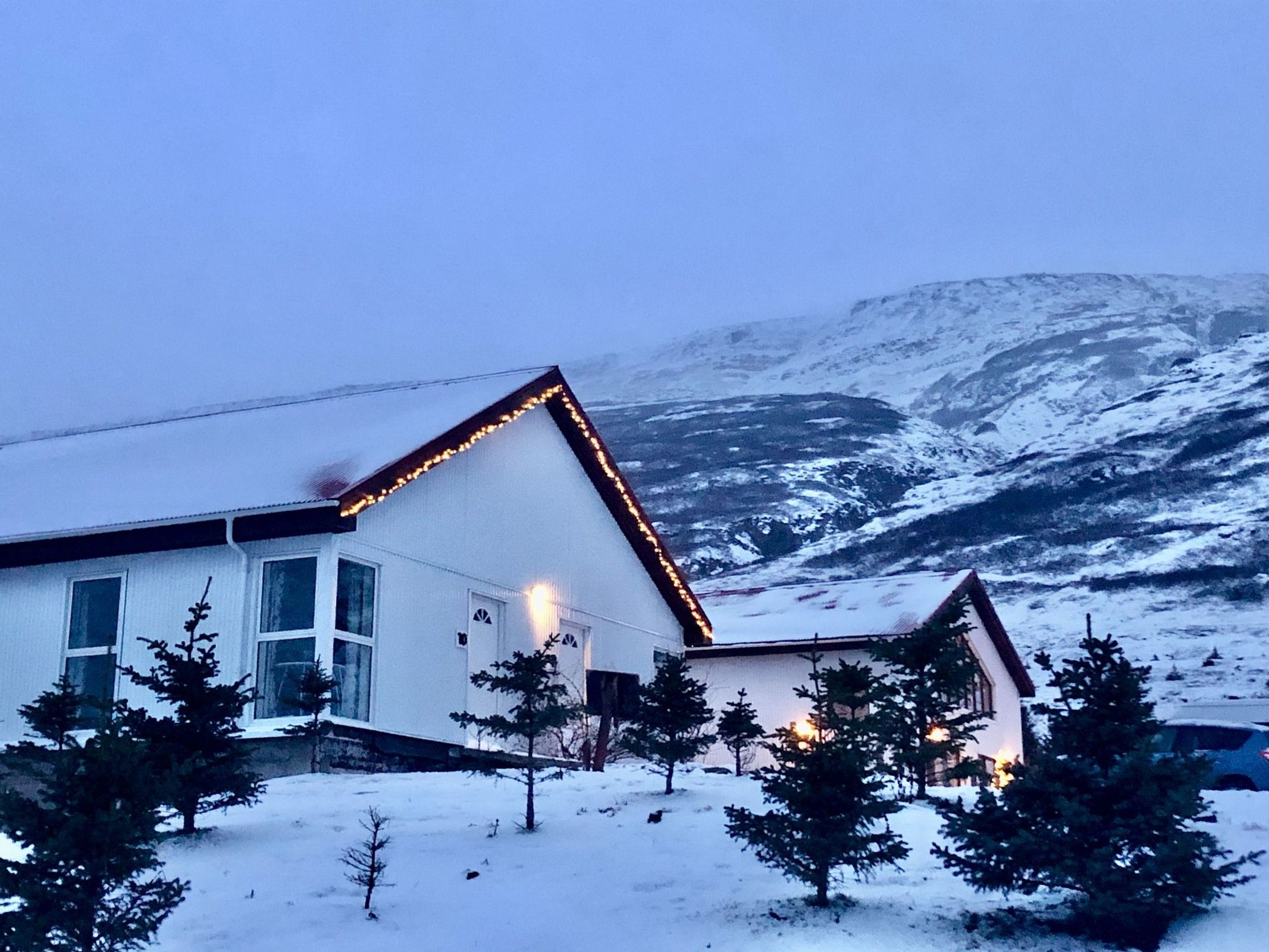 Heydalur Guesthouse covered in snow