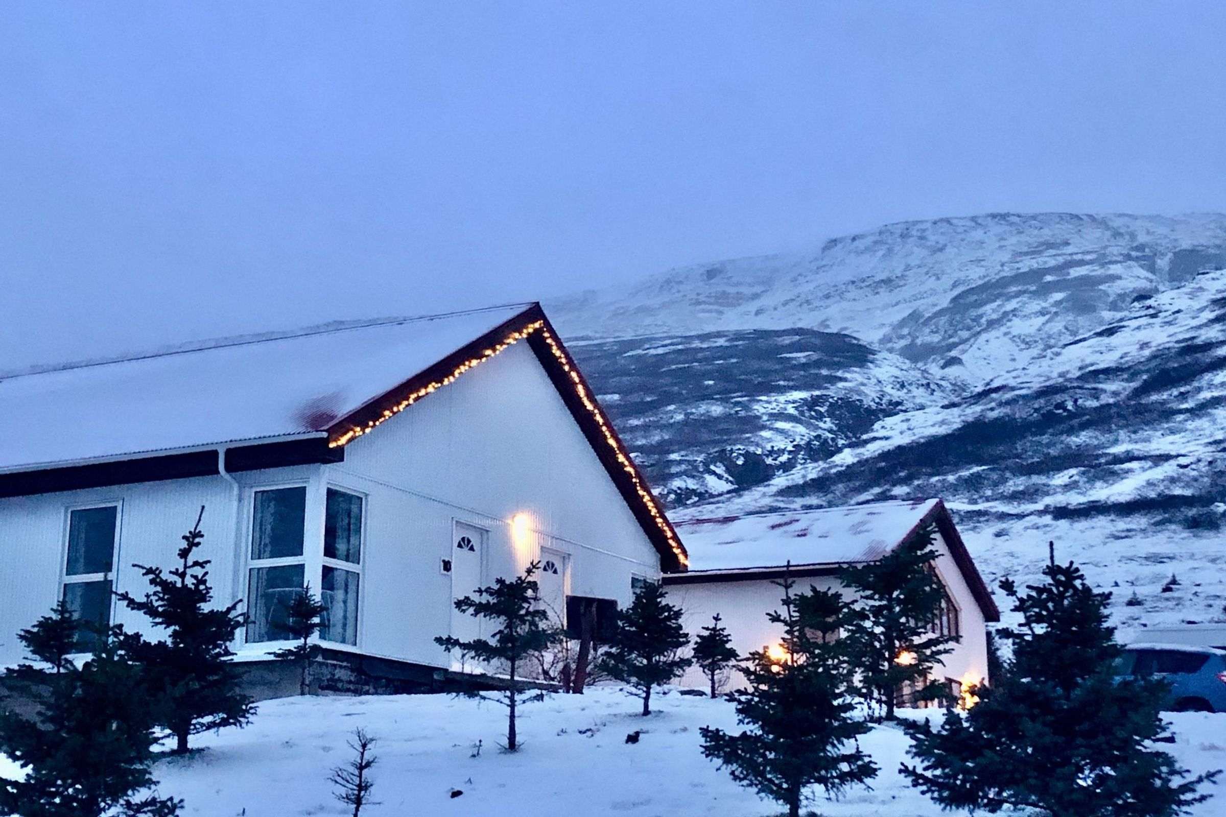Heydalur Guesthouse covered in snow