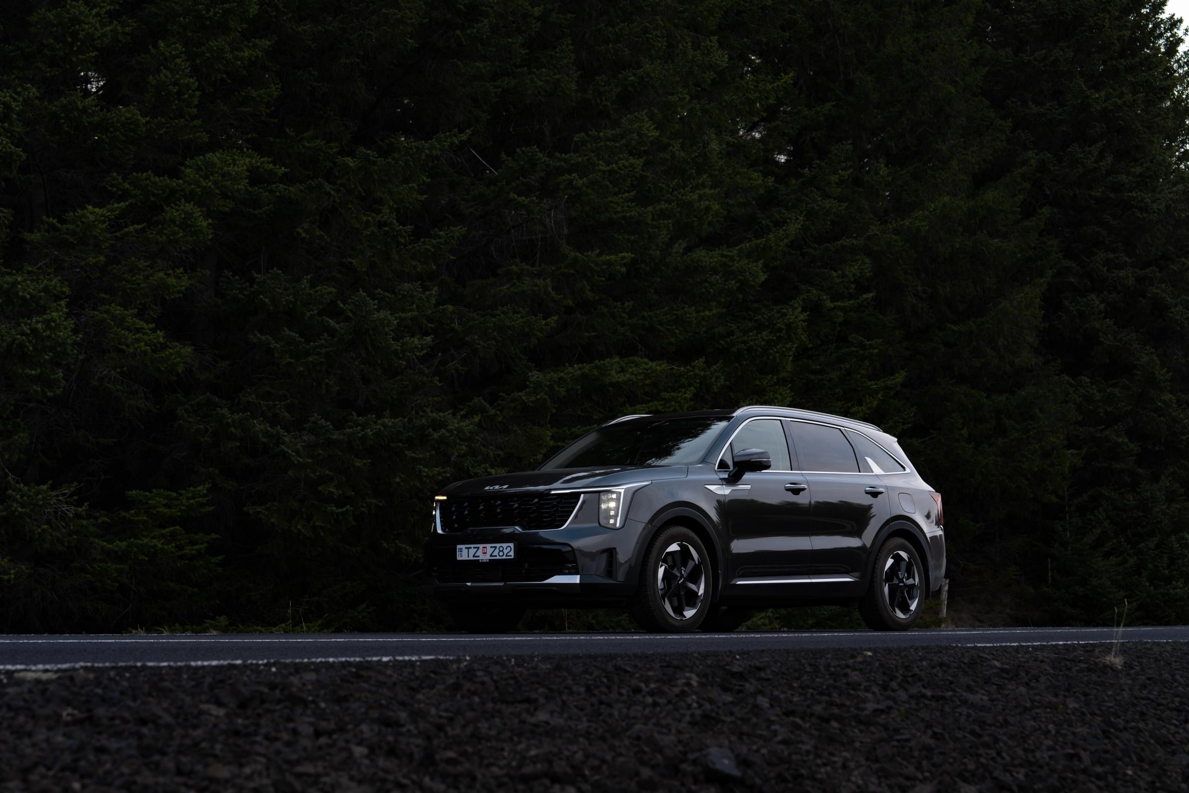 SUV Kia Sorento de location en Islande, garé sur une route en bordure d’une forêt dense