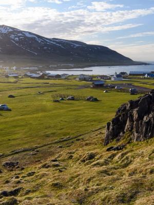 a view of a grassy field with a mountain in the background and a body of water .