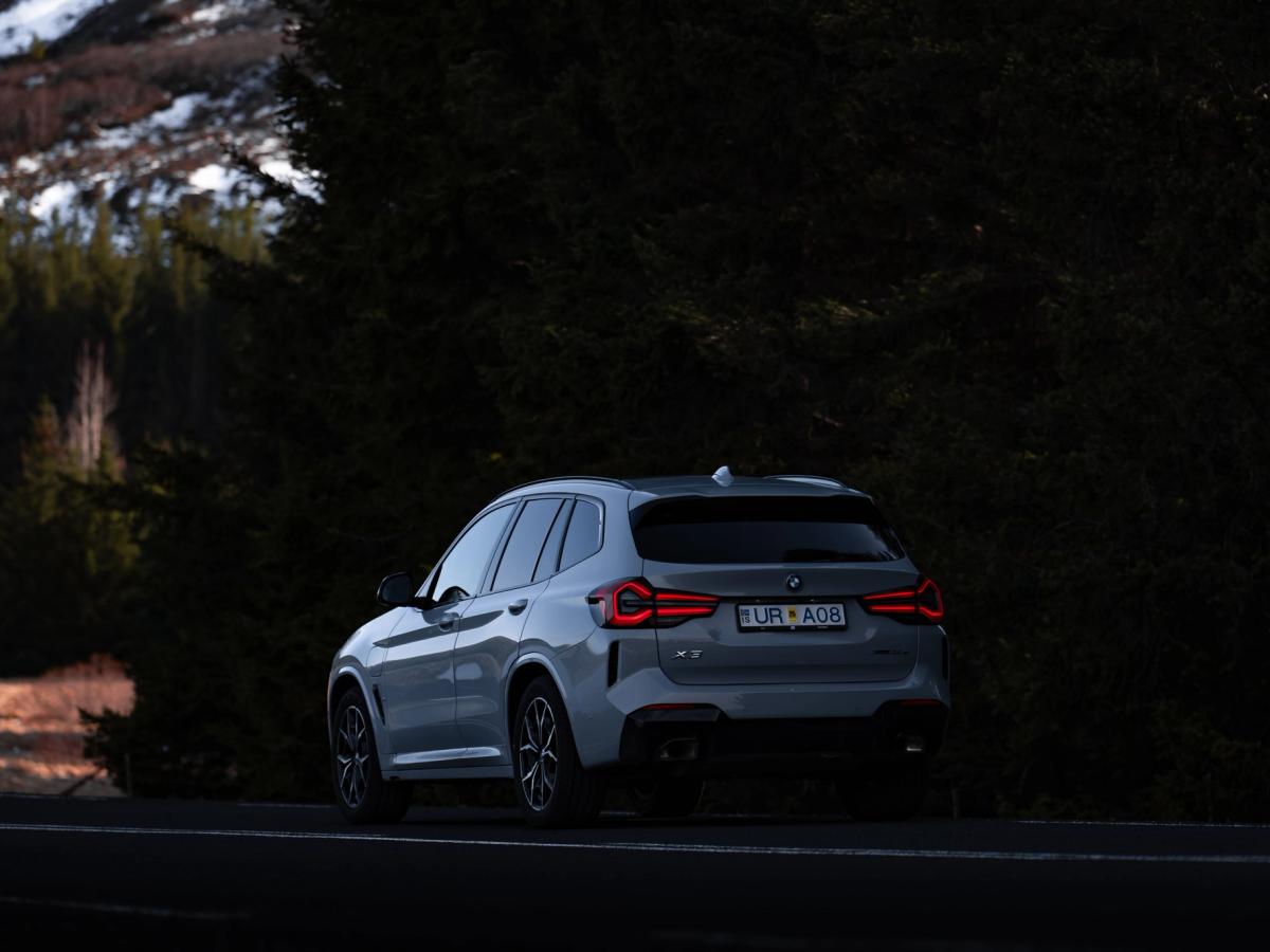 X3 Chemin forestier arrière Vue arrière d’un BMW X3 4x4 de location en Islande, garé sur une route en bordure de forêt