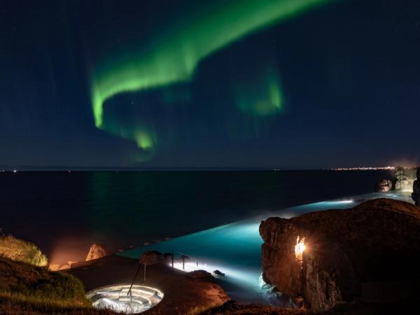 the aurora borealis is shining over the ocean at night .