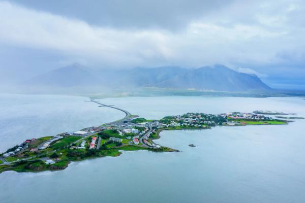 Aerial view on Borgarnes and mountains in the distance