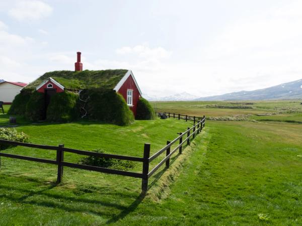 a red house with a green roof is surrounded by a wooden fence in a grassy field .