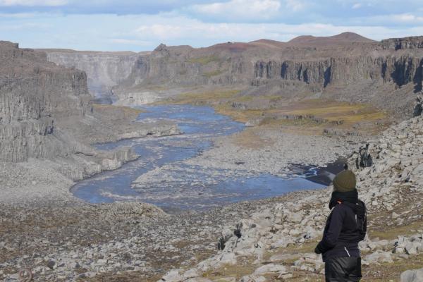 A person stands on a rocky overlook, gazing at a vast canyon with a winding river.