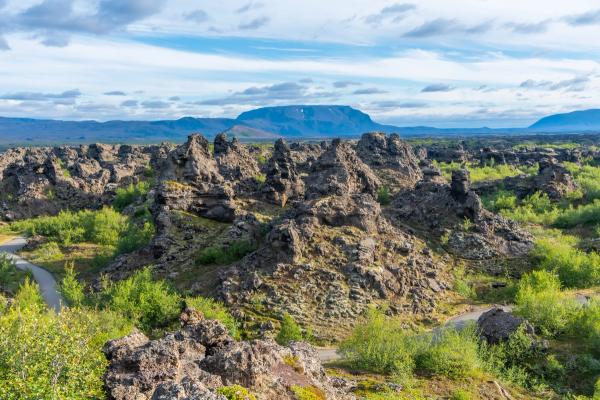 a landscape of rocks and trees with a mountain in the background at Dimmuborgir Lava field in Iceland.