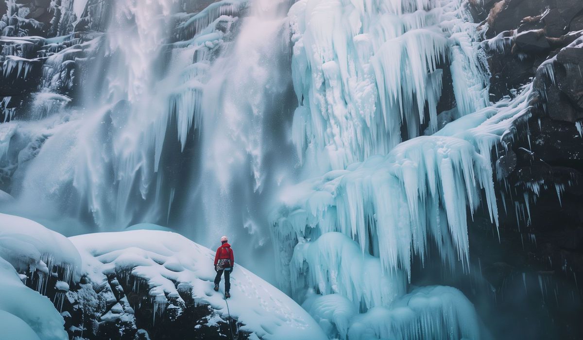 Man climbing a glacier with a waterfall in front of him
