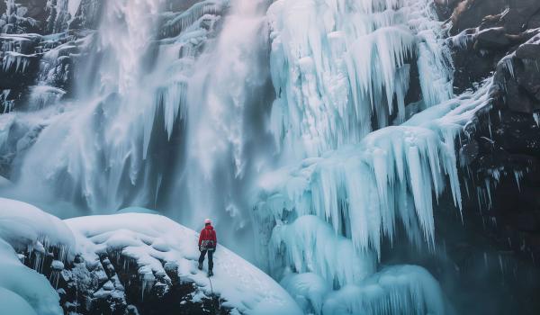 Man climbing a glacier with a waterfall in front of him