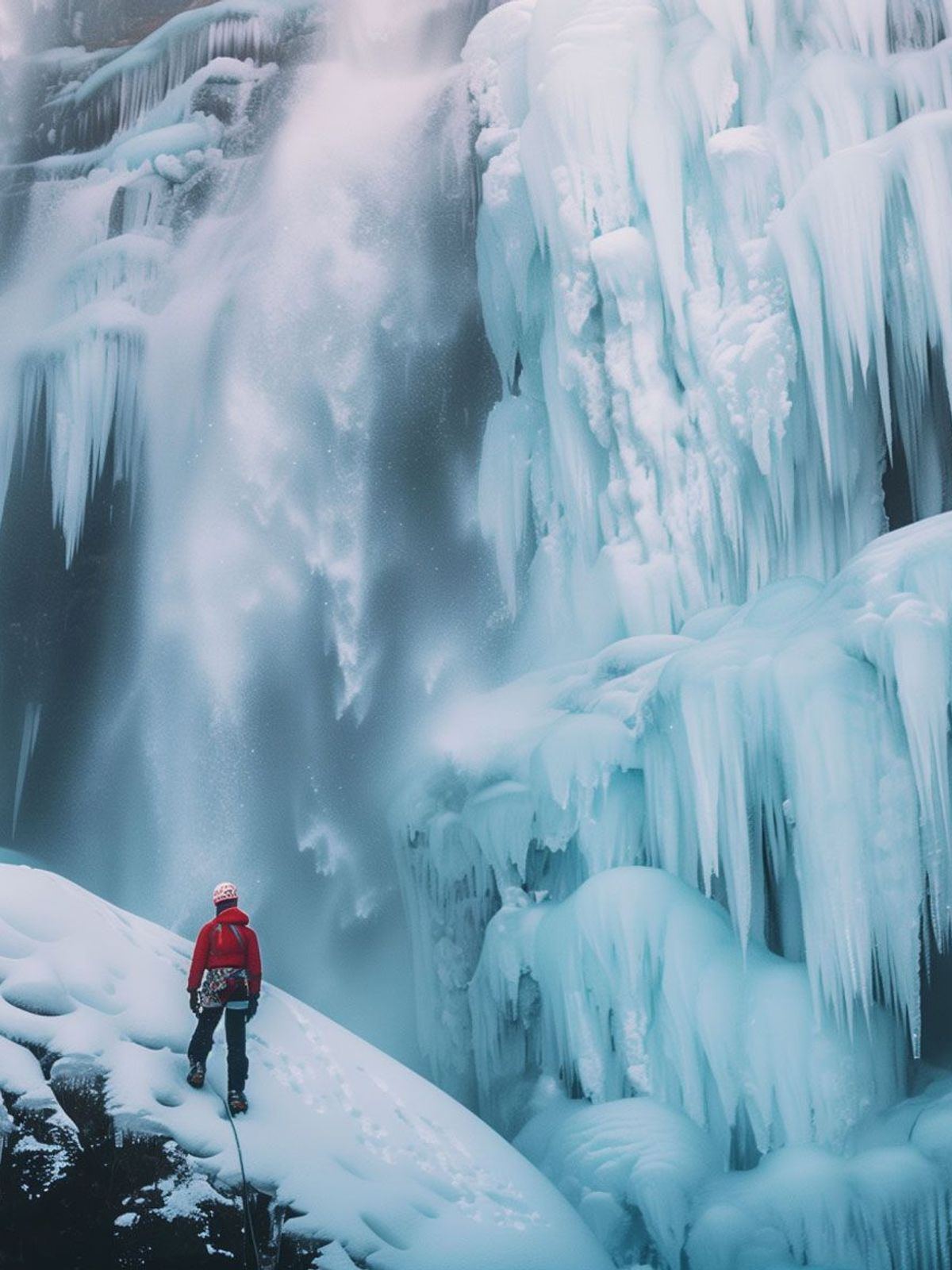 Man climbing a glacier with a waterfall in front of him