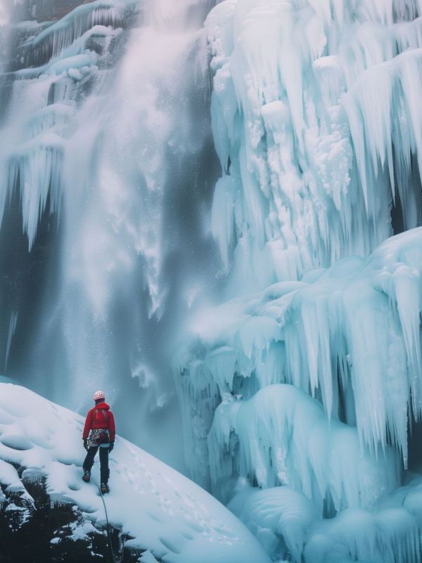 Man climbing a glacier with a waterfall in front of him