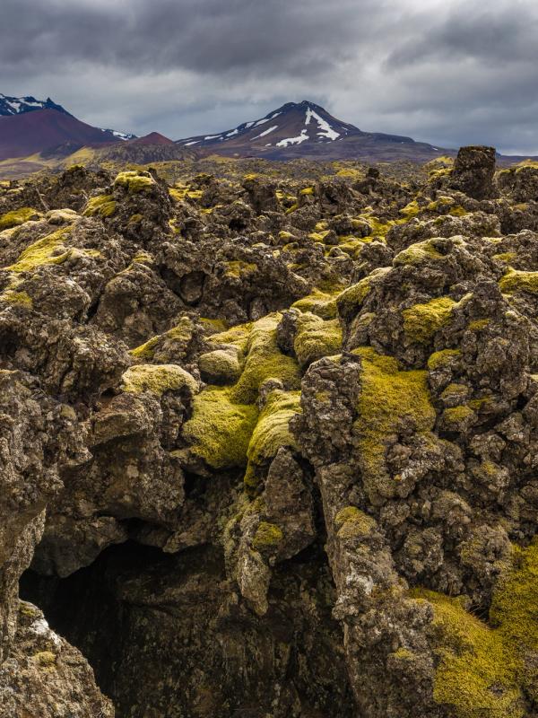 Moss-covered volcanic rocks and a cave entrance in a rugged landscape with distant snow-capped mountains under a cloudy sky.