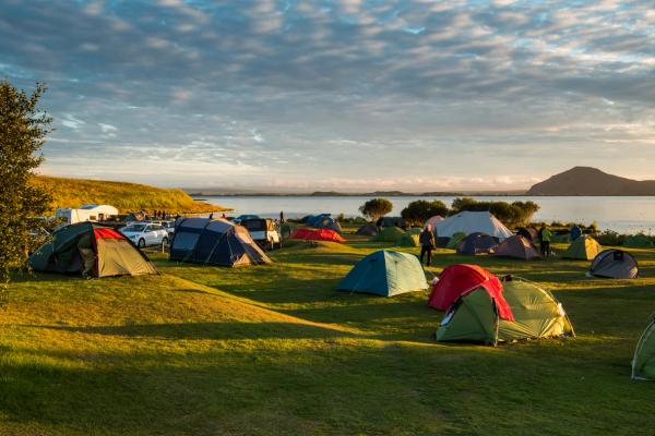 a group of tents are sitting on top of a lush green field, Iceland