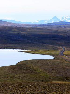 there is a lake in the middle of a field with mountains in the background .