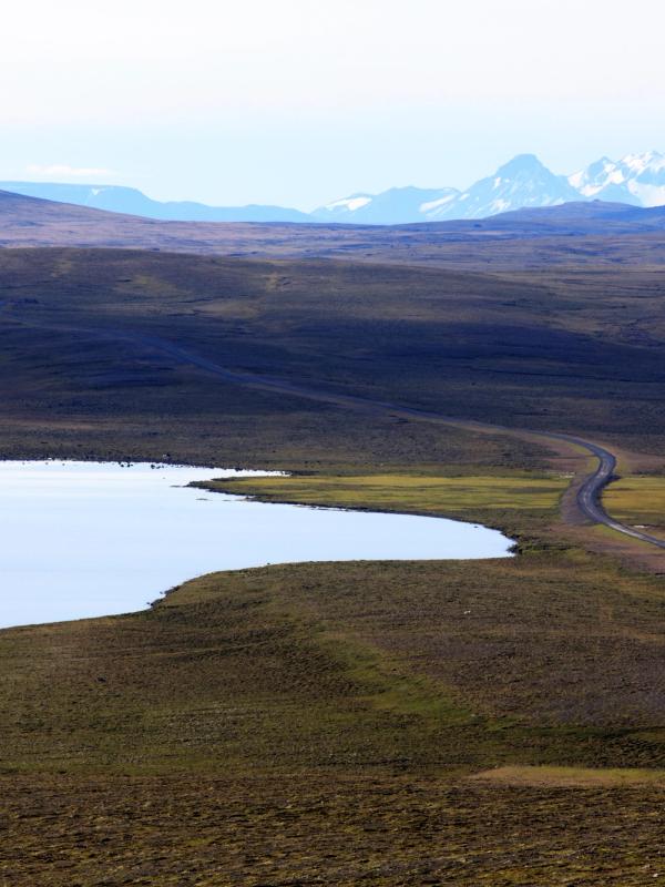 there is a lake in the middle of a field with mountains in the background .