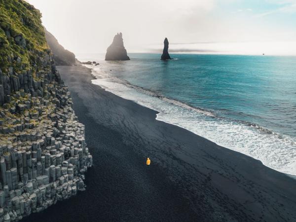 an aerial view of a person standing on a black sandy beach near the ocean .