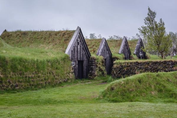 A row of traditional turf houses with dark wooden triangular facades emerging from green grassy hills.