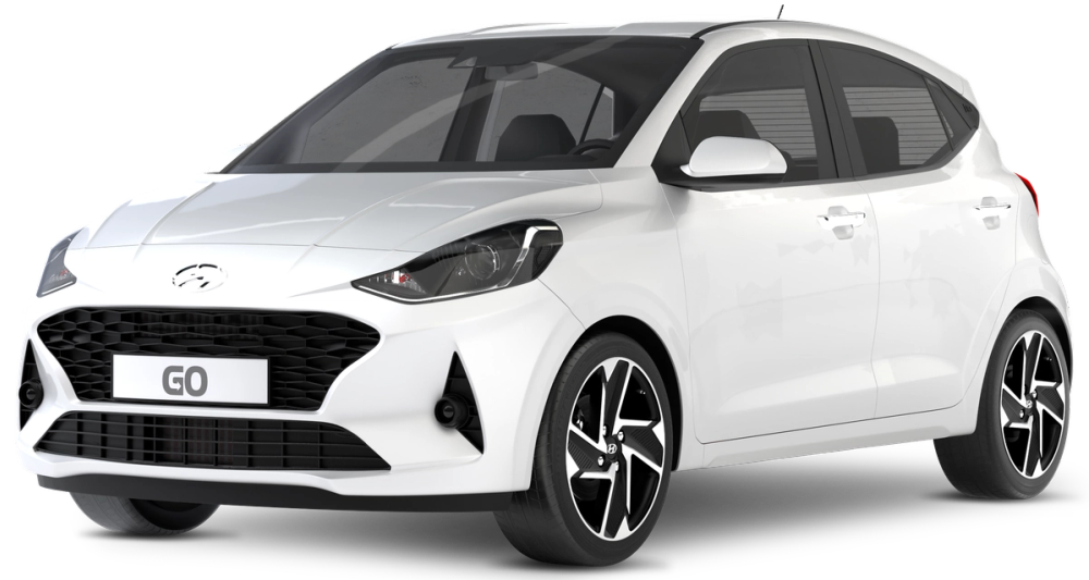 Hyundai i10 Ein weißer Hyundai i10 ist vor einem transparenten Hintergrund zu sehen