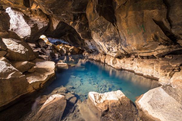 The blue waters in the interior of a cave