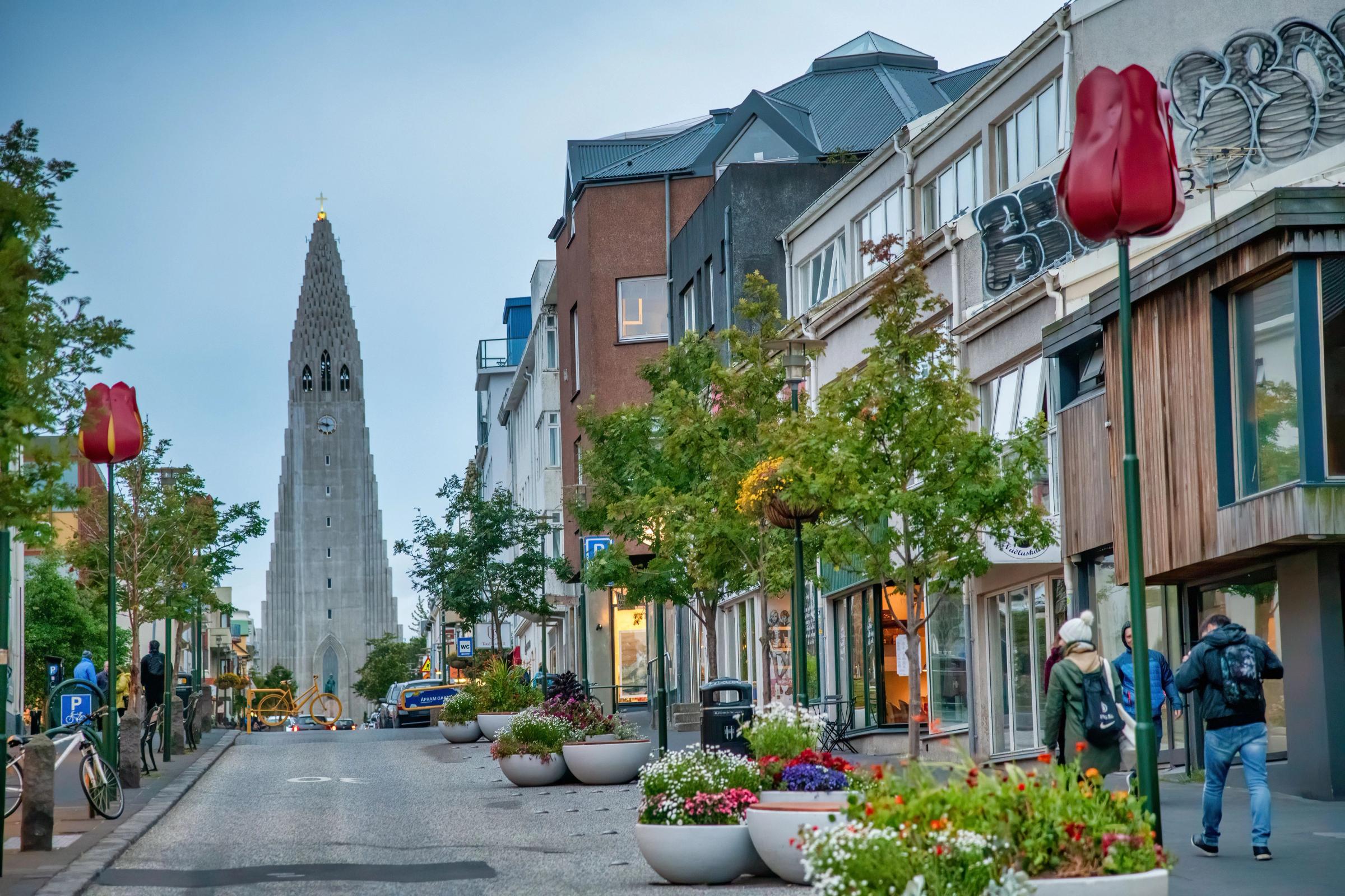 City street of Reykjavik with Cathedral on the background 