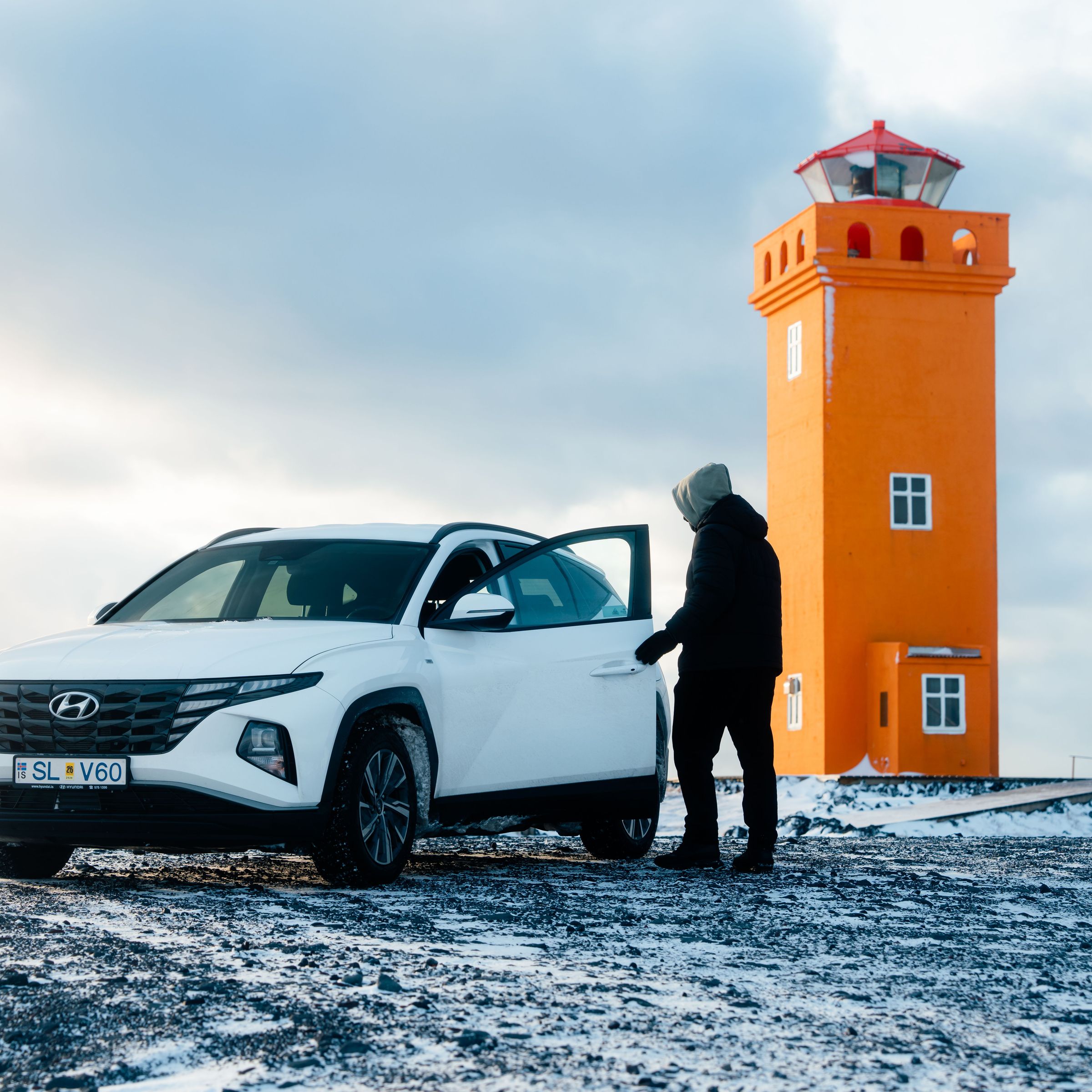 A car navigating snowed roads in Iceland