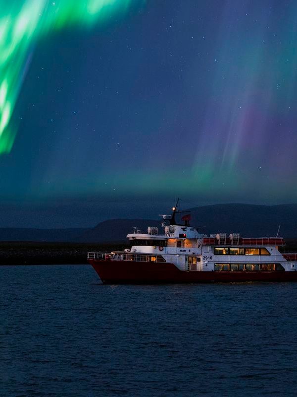 Un barco sobre el agua bajo la aurora boreal.
