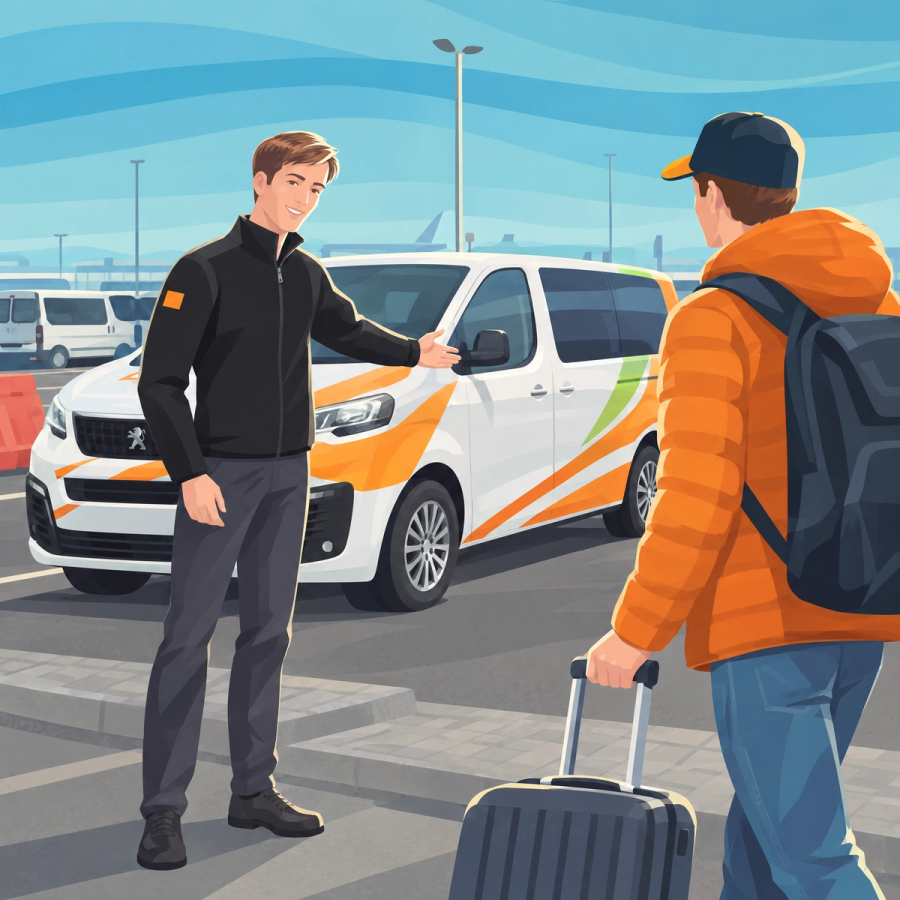 A smiling driver gestures to a white shuttle van as a passenger with a suitcase and backpack walks towards it at an airport.