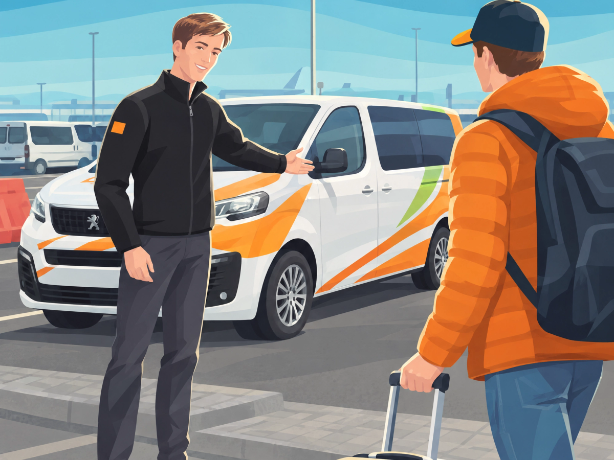 A smiling driver gestures to a white shuttle van as a passenger with a suitcase and backpack walks towards it at an airport.