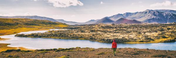 a man in a red jacket is standing on a hill overlooking a lake .