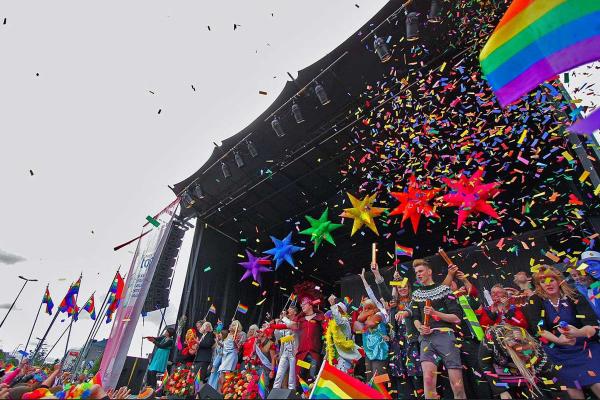 People on a stage celebrating the Reykjavik Gay Pride