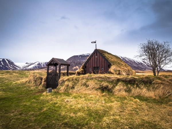 a small house with a grass roof is sitting on top of a hill in a field .