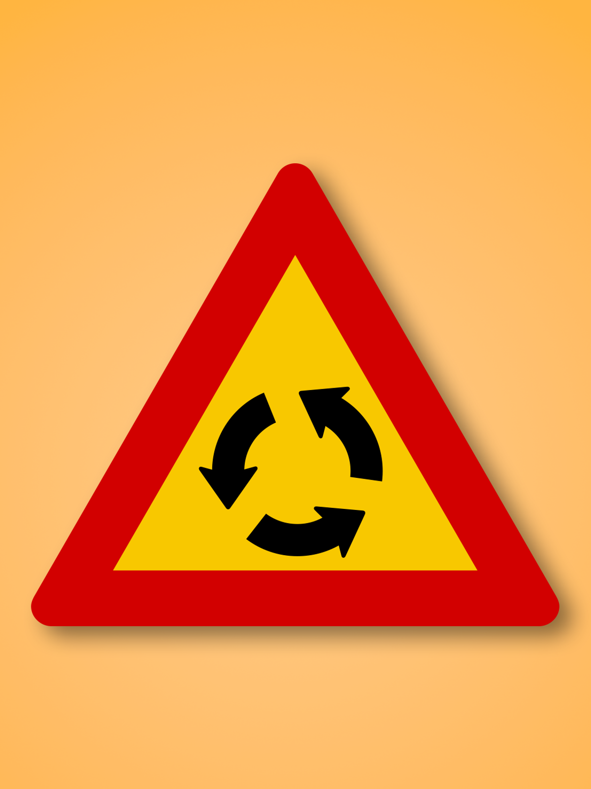 Red and yellow triangle road sign with an Roundabout in the middle. This road sign means Roundabout ahead