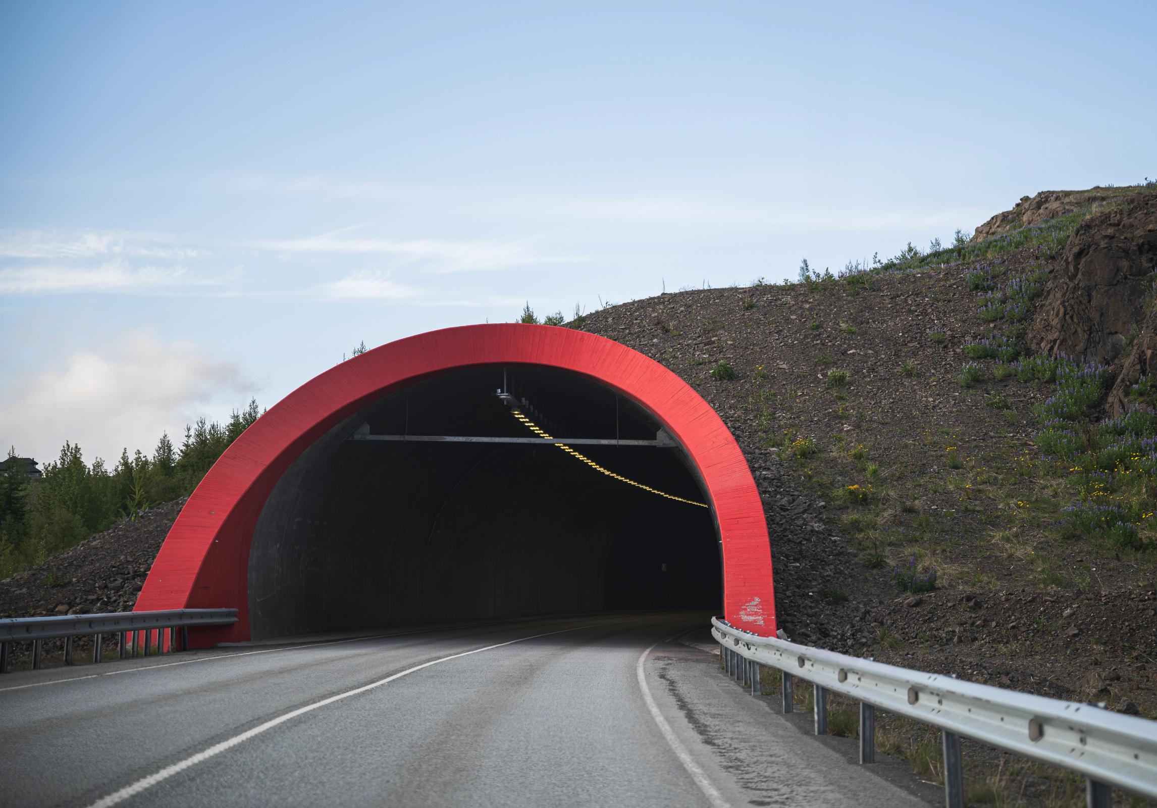 A road enters a dark tunnel framed by a bold red archway in a hillside.