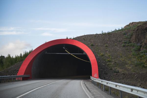 A road enters a dark tunnel framed by a bold red archway in a hillside.