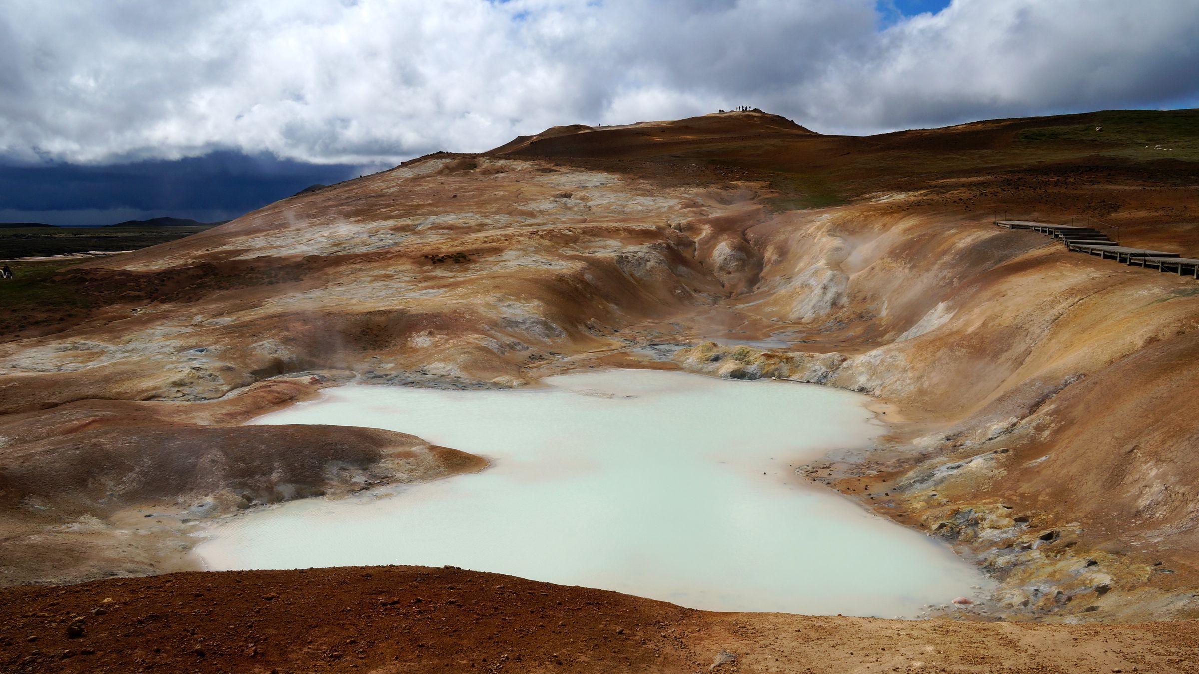 a small white lake in the middle of a dirt field at leirhnjúkur in Iceland.