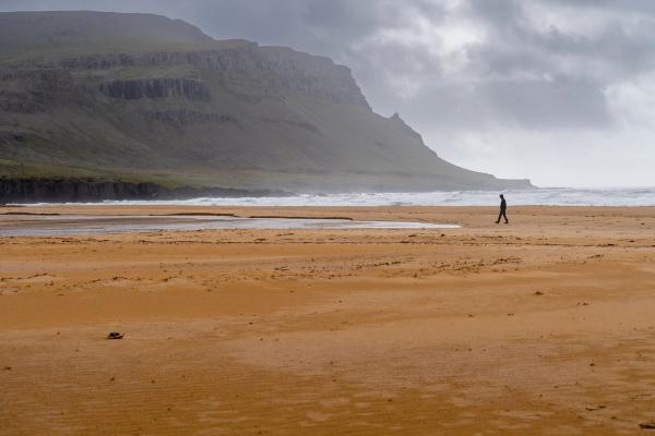 a man is walking along a sandy beach on a cloudy day .
