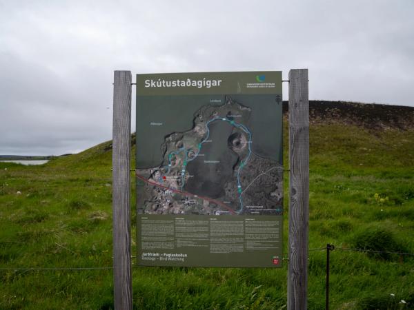 se muestra un mapa en un poste de madera en un campo de hierba .