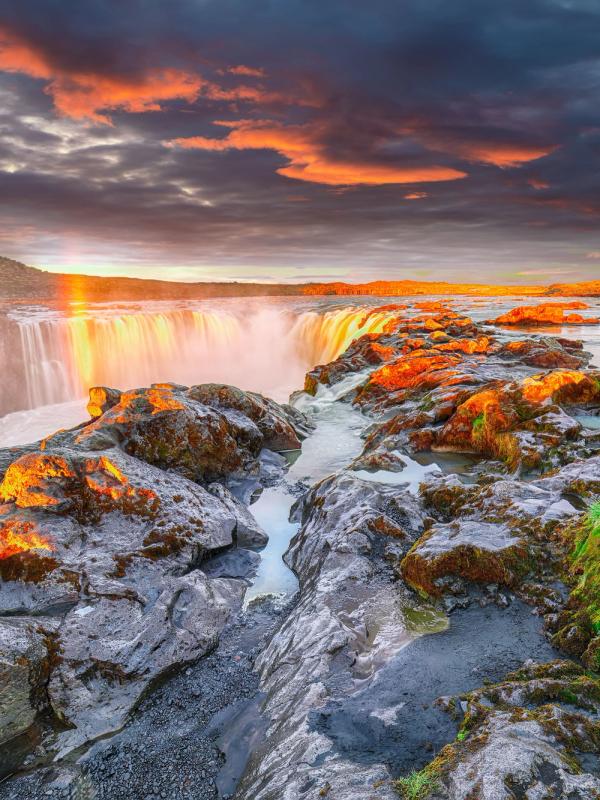 Dramatic sunset over Selfoss waterfall in Iceland