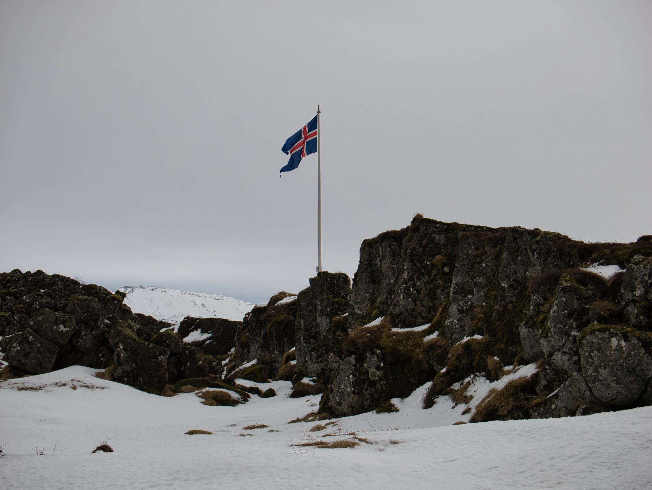 a flag is flying in the wind on top of a snow covered hill .
