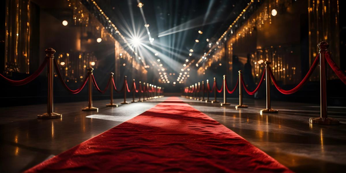a long red carpet leading to a stage with rope barriers .