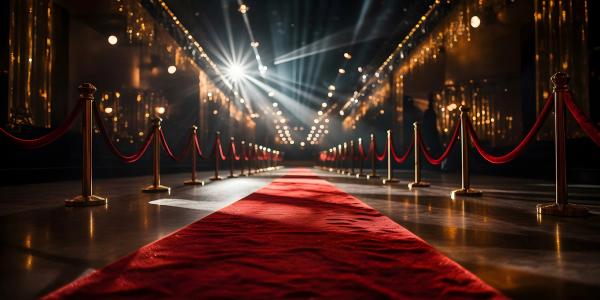 a long red carpet leading to a stage with rope barriers .