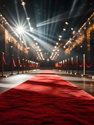 a long red carpet leading to a stage with rope barriers .